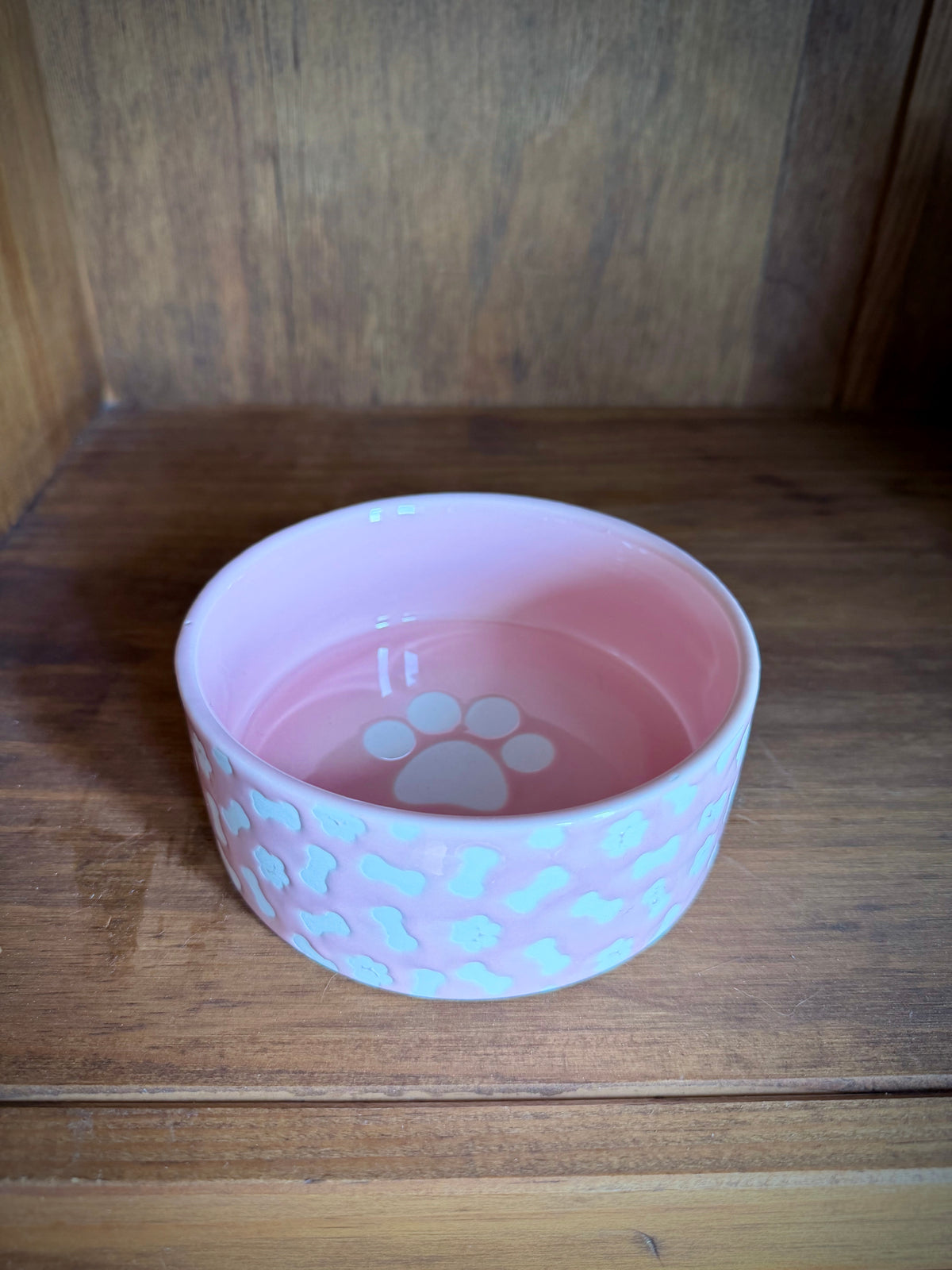 Pink & White Dog Bowl - Small - Paw Prints/Bones