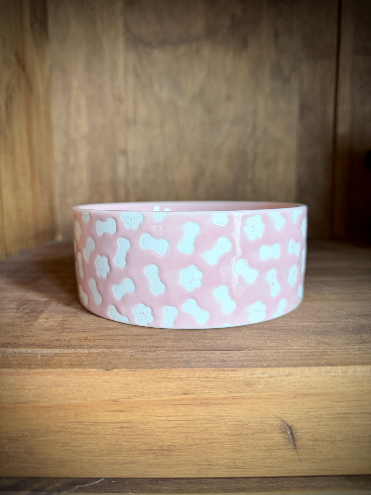 Pink & White Dog Bowl - Small - Paw Prints/Bones